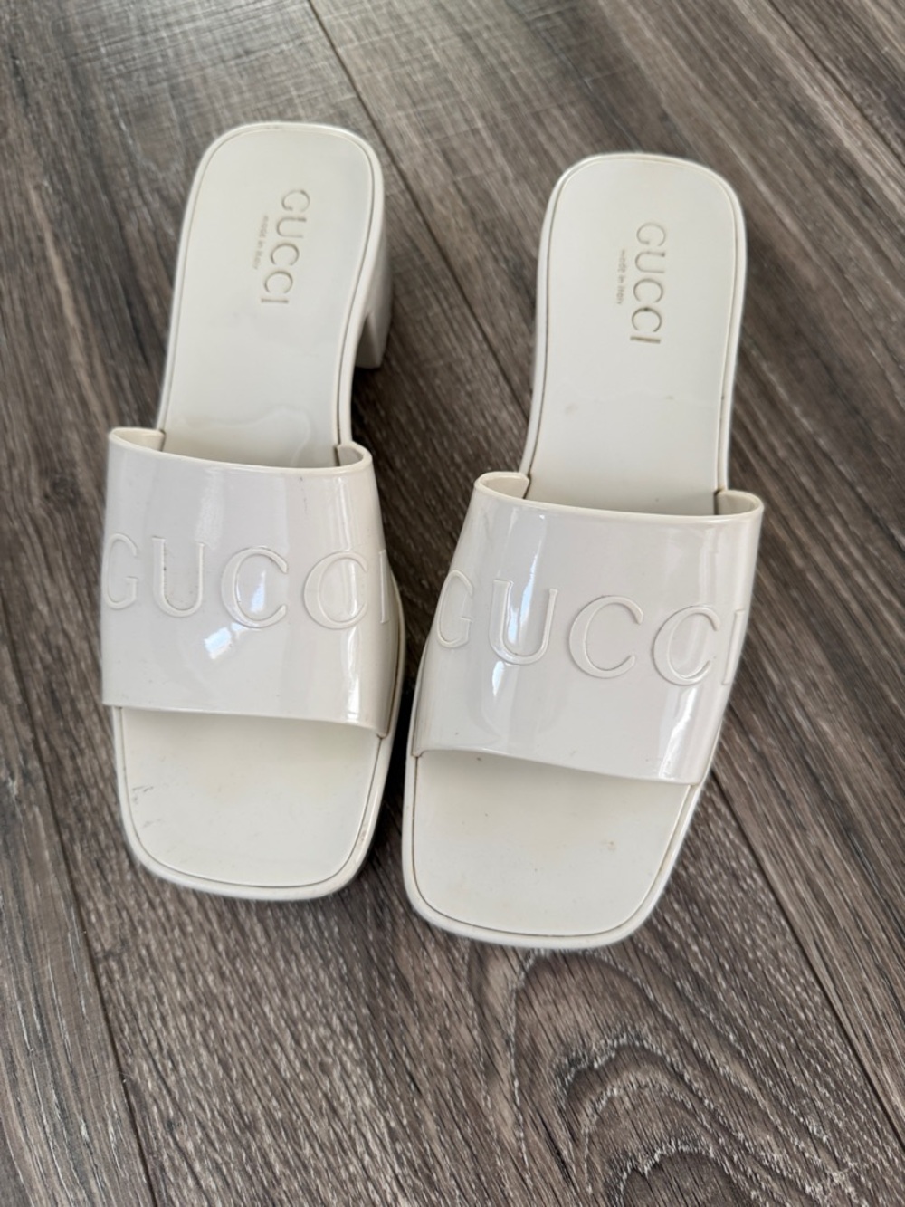 Gucci Cream Patent Leather Logo Slide Mules